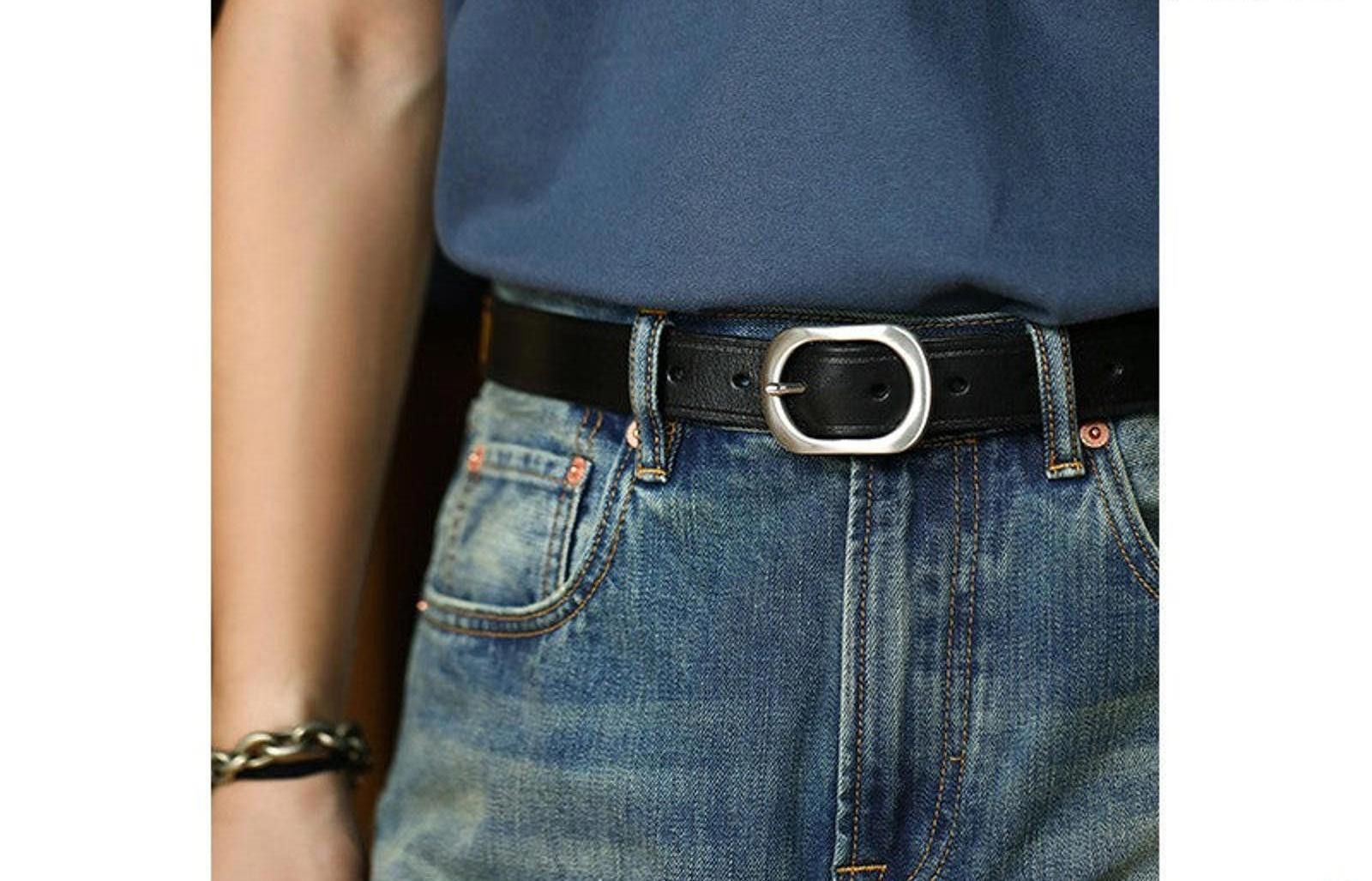 Leather × Vintage Leather Belt – Black, Minimal Metal Buckle Size ONE SIZE - 1 Thumbnail