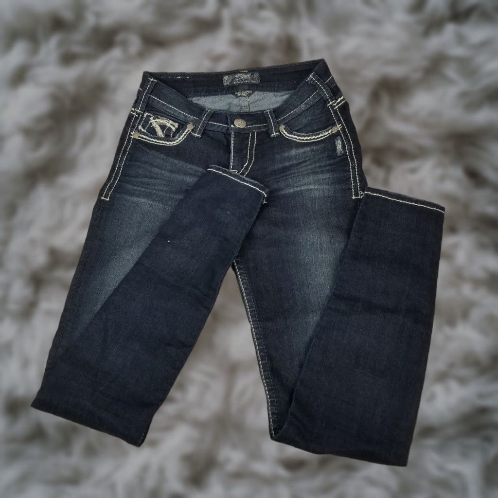 Silver Jeans Co. VINTAGE Silver Jeans Junior Teens 27 x 30 Suki Super Skinny Dark Wash Denim Embroilered Size 27" / US 4 / IT 40 - 1 Thumbnail