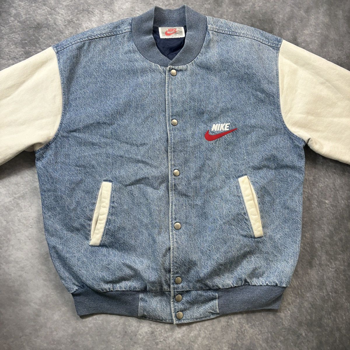 Nike × Vintage 1990s Vintage Nike Bomber Jacket Vintage Denim Jacket Swoosh Size US L / EU 52-54 / 3 - 10 Thumbnail
