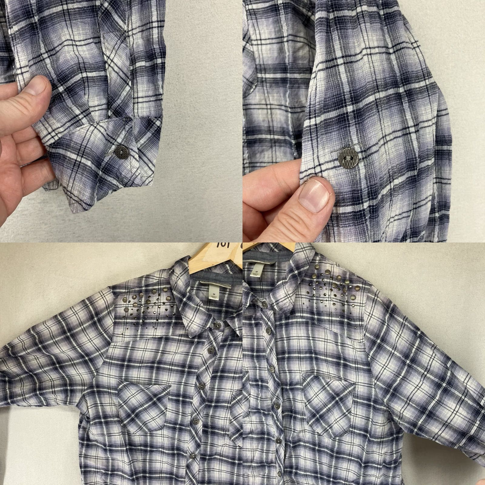Vintage Dressbarn Women's Western Shirt Plaid Button-Up 90s Purple M Long Sleeve Roll Tab Collar Lightweight Metallic Accents Bling Shoulders Cowgirl Casual Size M / US 6-8 / IT 42-44 - 9 Thumbnail