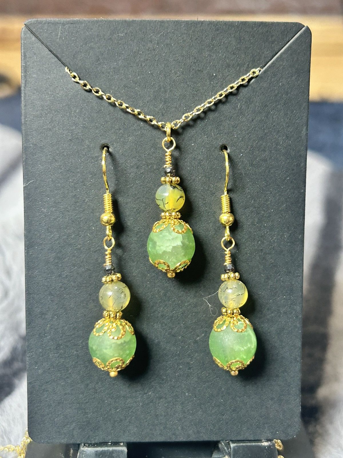 Handmade Handcrafted green crackle glass dragon vein agate set Size ONE SIZE - 2 Thumbnail