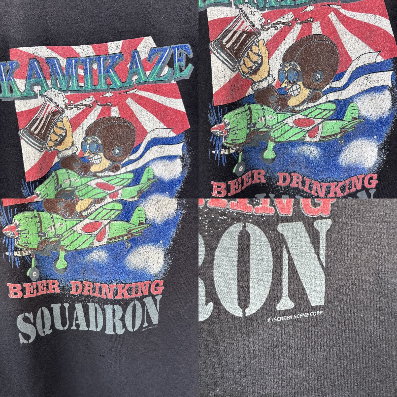 Vintage VINTAGE Kamikaze Beer Drinking Squadron T-Shirt Graphic Print Faded Black Large Mens 90s Humor Size US L / EU 52-54 / 3 - 8 Thumbnail