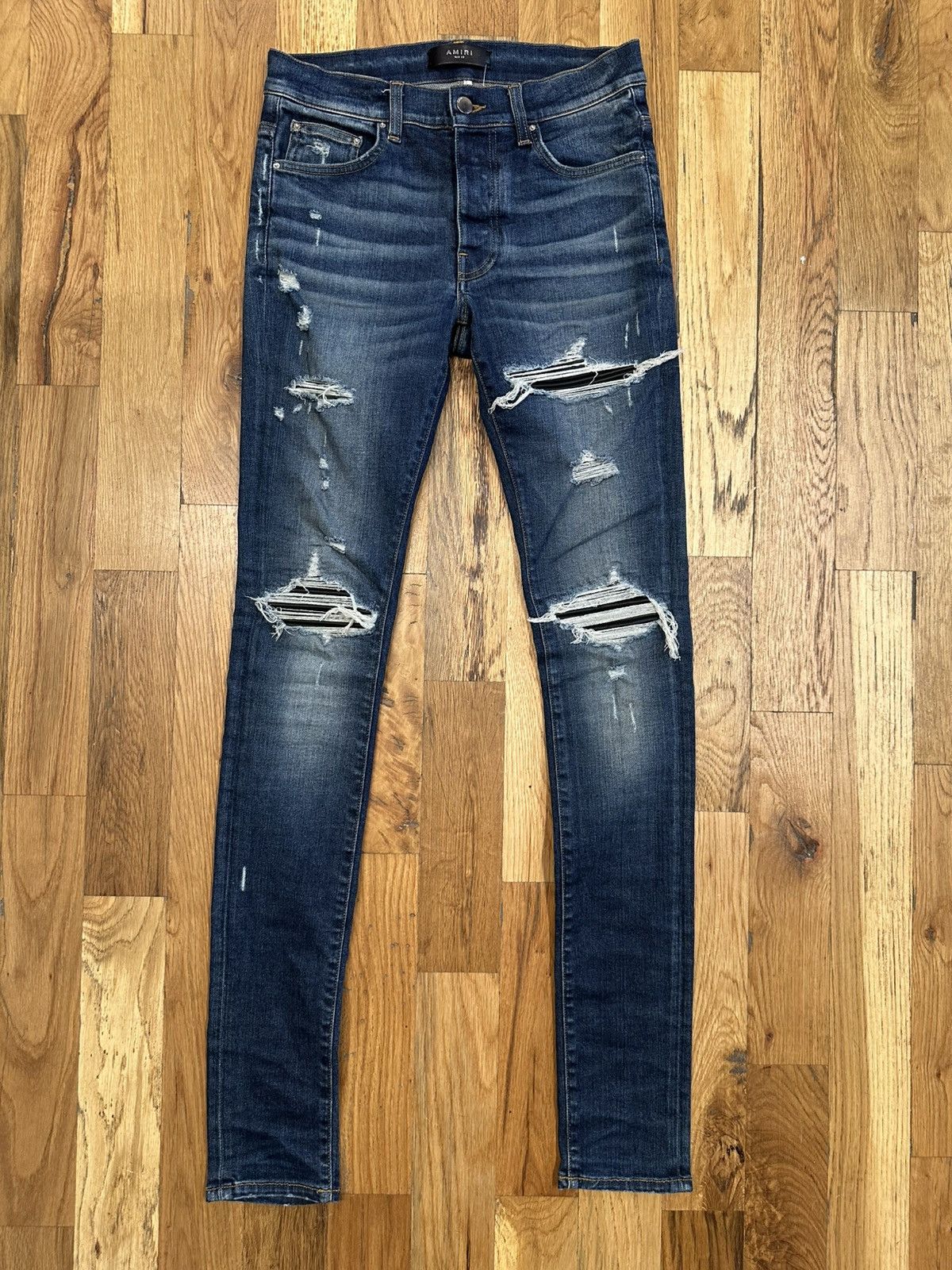 Amiri MX1 Black Leather Dark Blue Denim Jeans Size 29