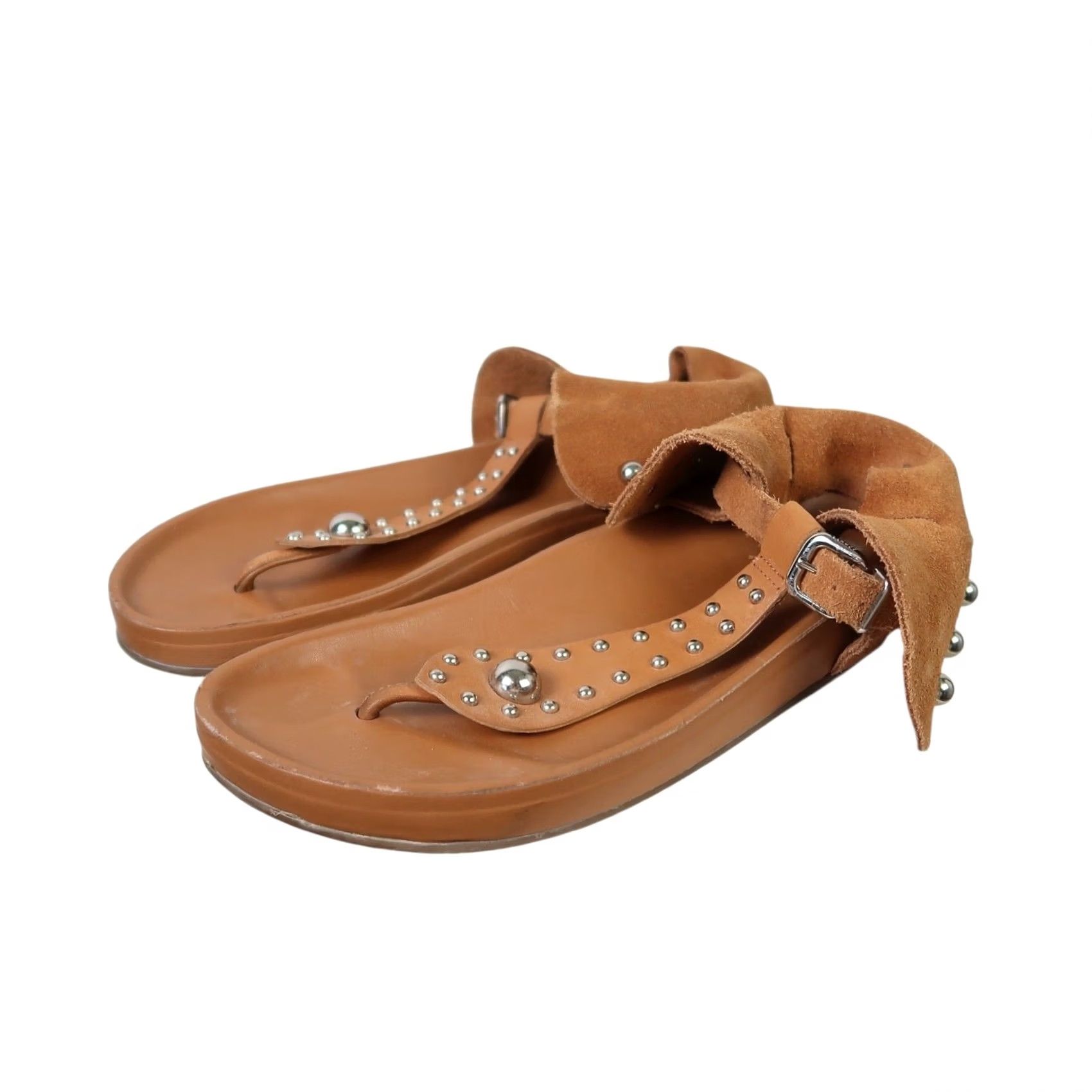 SCHUTZ Schutz Sandals Thong Sandals Suede Leather Silver Stud Buckle Closure EU 40 US 10 Womens Bohemian Spring Summer Tan Brown Size US 10 / IT 40 - 3 Thumbnail