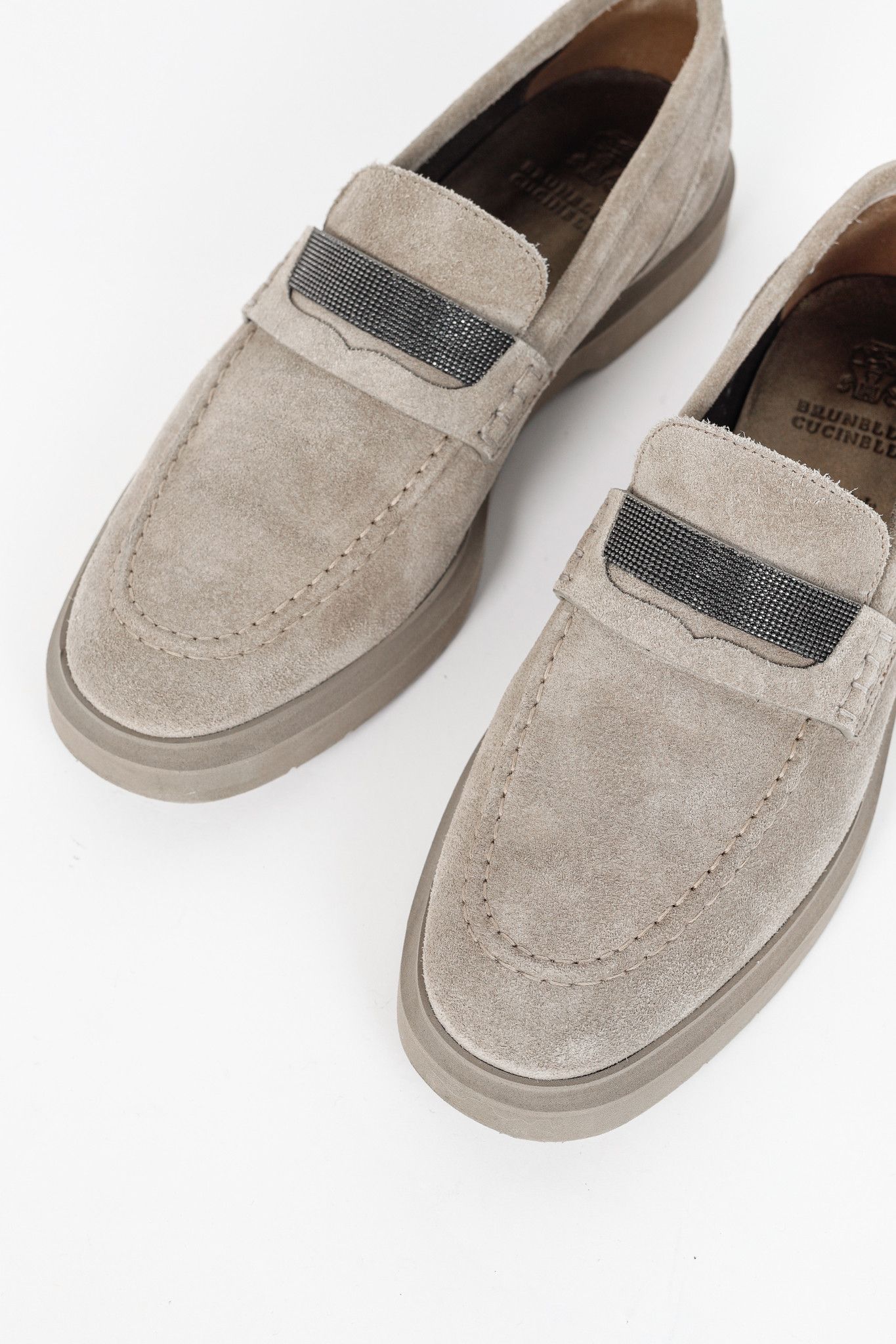 Brunello Cucinelli Brunello Cucinelli Taupe Suede Monili-Strap Loafers Size US 4.5 / IT 34.5 - 7 Thumbnail