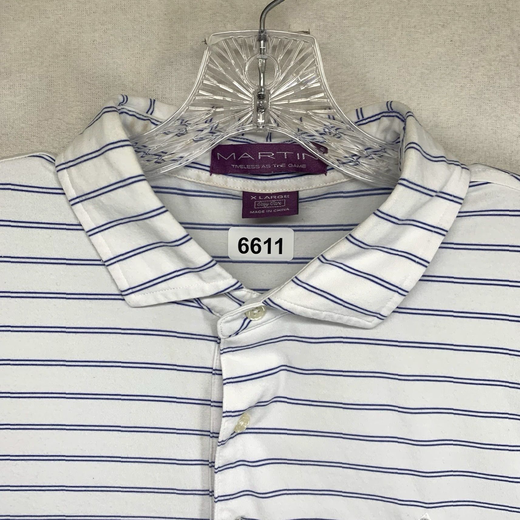 Vintage Martin Polo Shirt Mens XL White Blue Striped Embroidered Logo Golf Casual Easy Care 1921 Tree Size US XL / EU 56 / 4 - 4 Thumbnail