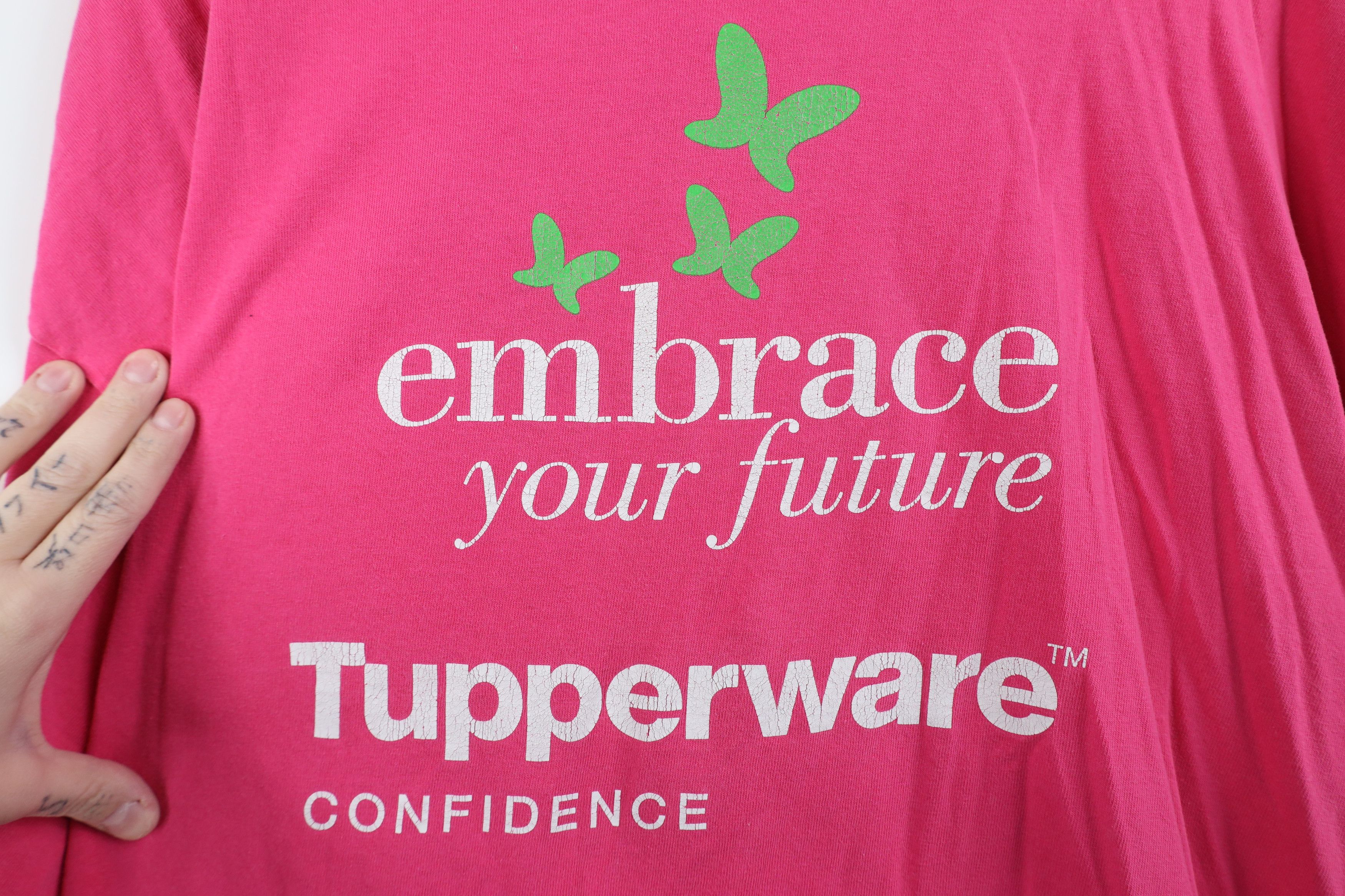 Vintage Vintage 90s Y2K Tupperware Butterfly T-Shirt Pink Cotton Size XXL / US 16-18 / IT 52-54 - 13 Thumbnail