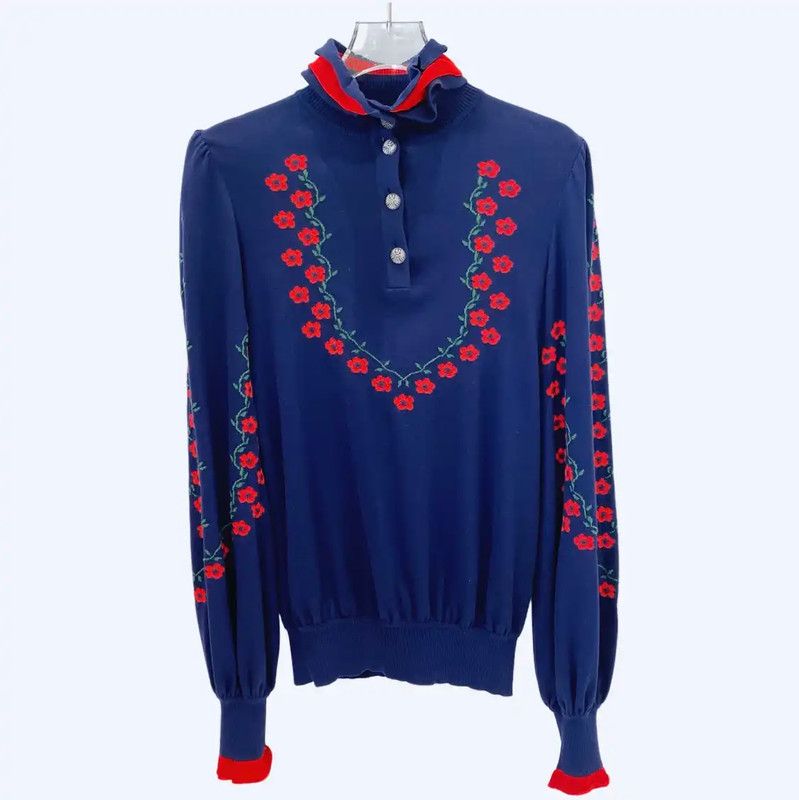 Chanel Chanel Embroidered Navy Wool Pullover Sweater 0089 Size XXS / US 00 / IT 34 - 1 Thumbnail