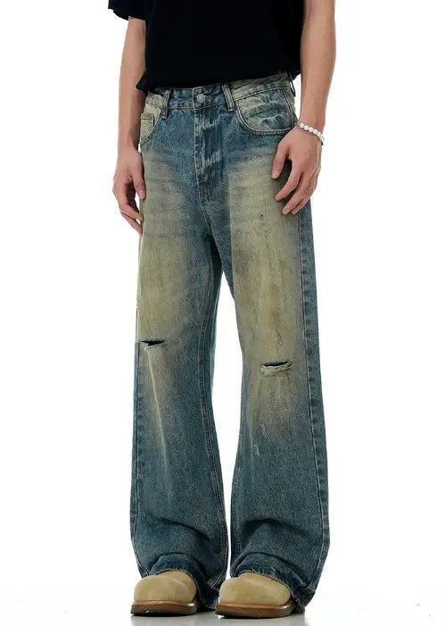 Japanese Brand Men's loose all-match straight wide-leg ripped jeans Size US 34 / EU 50 - 3 Thumbnail