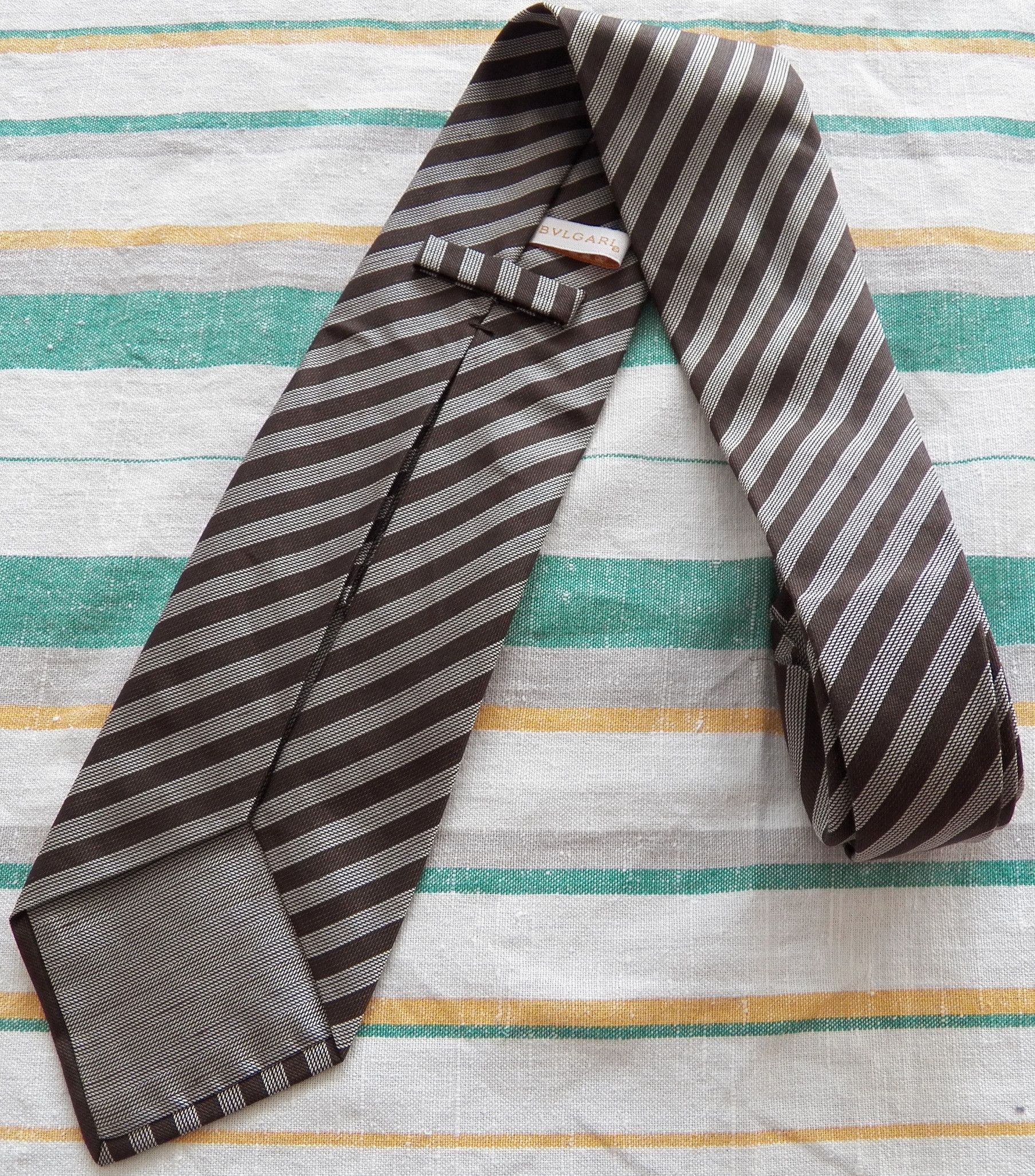 Bvlgari Silk Linen Necktie woven grey brown diagonal stripe tie Size ONE SIZE - 3 Thumbnail