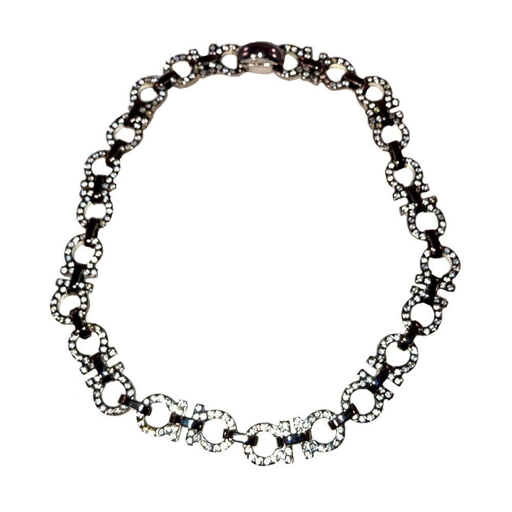 Salvatore Ferragamo Salvatore Ferragamo Silver Tone Monogram Rhinestone Necklace Size ONE SIZE - 2 Thumbnail