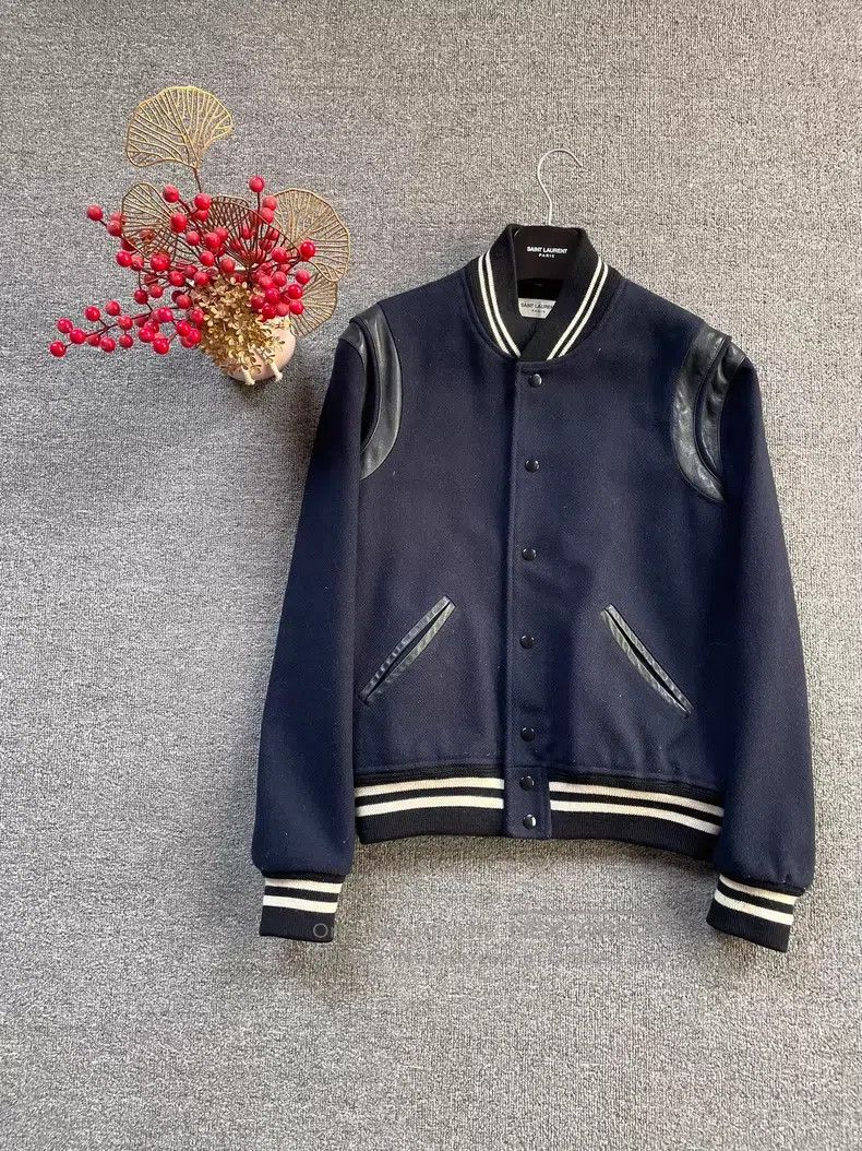 Saint Laurent Paris Saint Laurent Paris Navy Blue Wool and Leather Baseball Ja Size US M / EU 48-50 / 2 - 1 Thumbnail