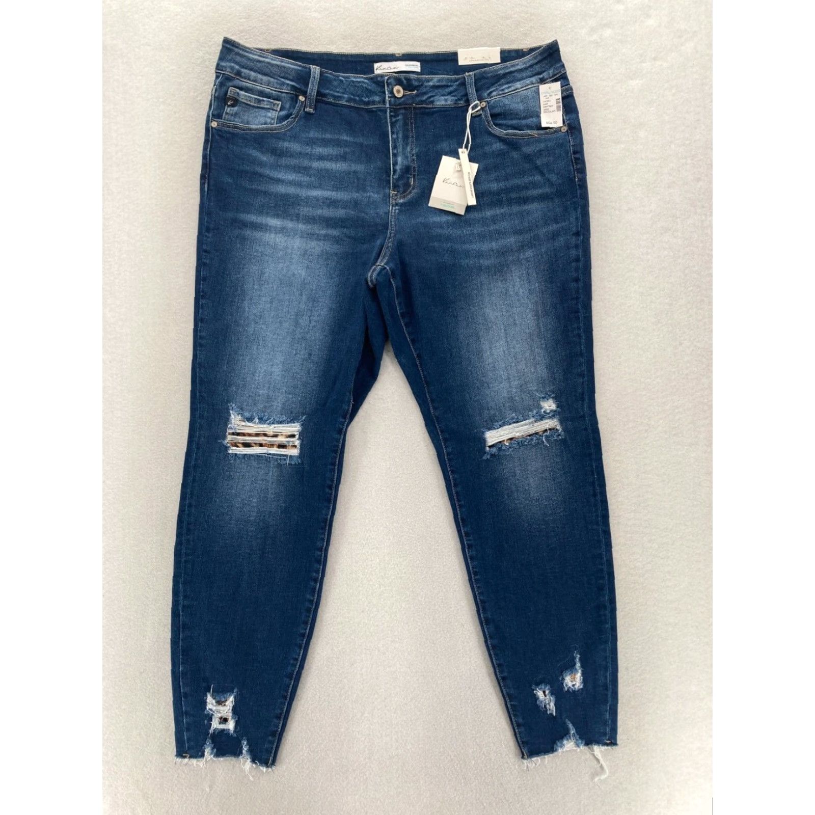 Vintage KanCan Jeans Women's Plus 20 Skinny Dark Leopard Backed Destructed 5-Pocket Denim NWT Blue Dark 29 In Inseam Slim High Rise, NWT Size 42" / US 20 - 2 Thumbnail