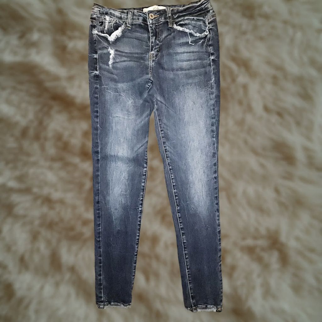 Vintage Kancan Skinny Jeans Women's 27 Low Rise Blue Frayed Hem Distressed Preppy Jeans Distressed Pockets Stretch Zipper Button City 90s Womens Size 27" / US 4 / IT 40 - 1 Thumbnail