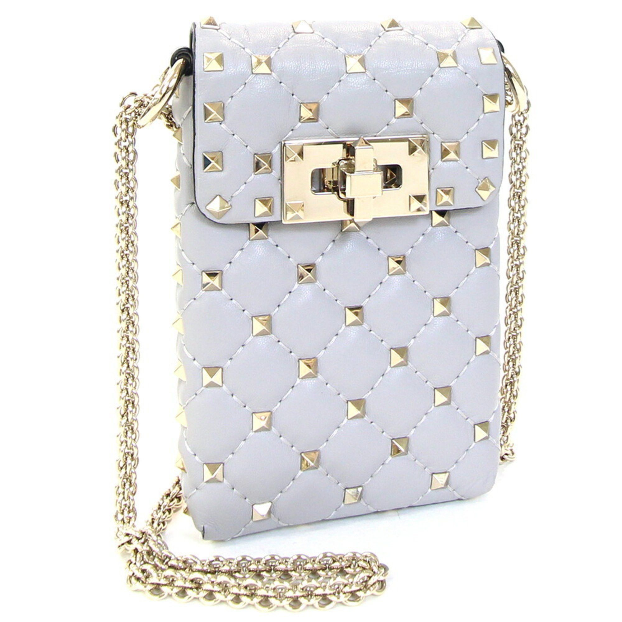 Valentino Garavani Shoulder Bag Rockstud Phone Holder Grey Leather Smartphone Pochette Case Women's Valentino Garavani
