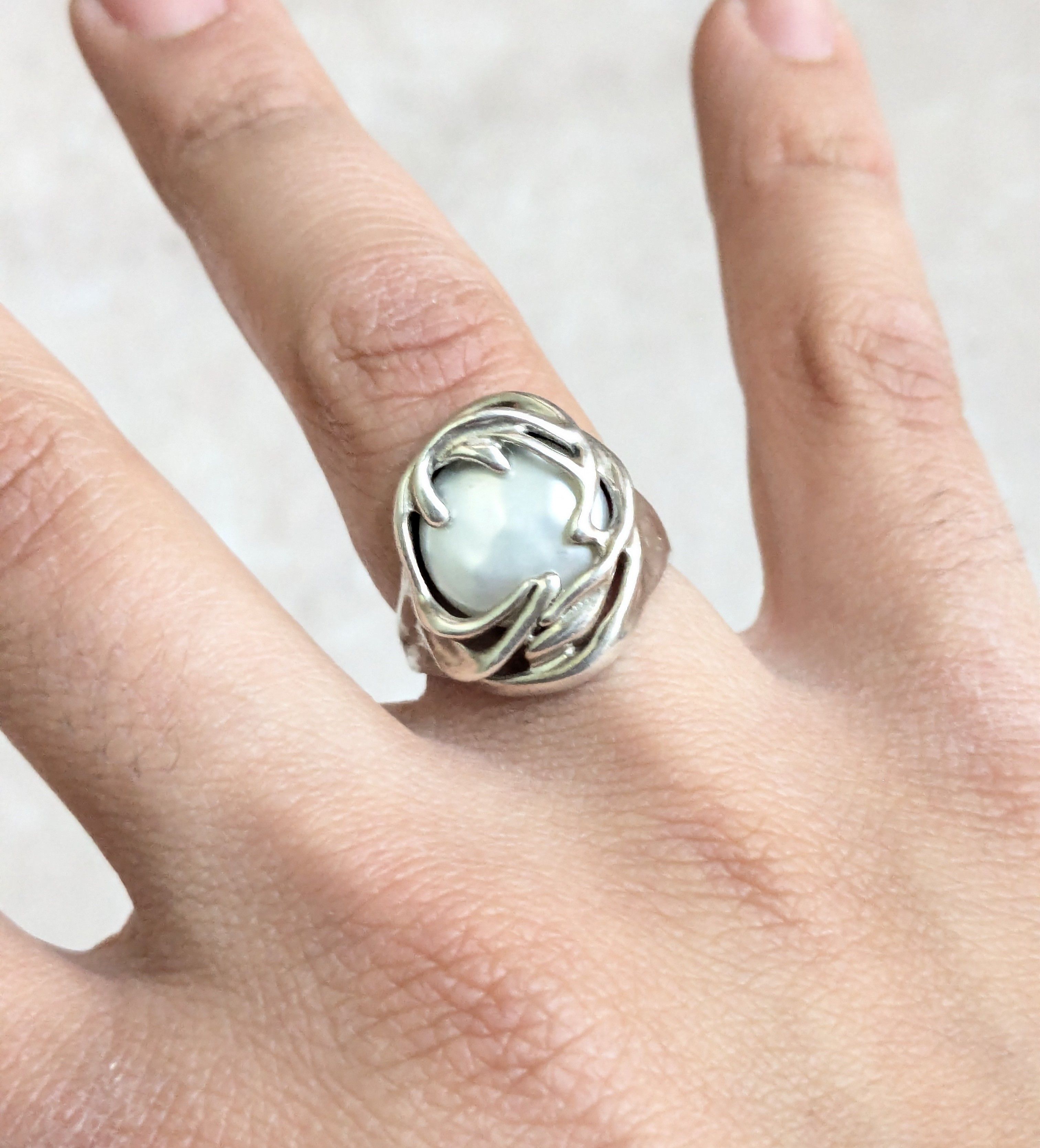 Sterling Silver Vintage Sterling Silver Ring Hagit Gorali Pearl 8 Size ONE SIZE - 12 Thumbnail