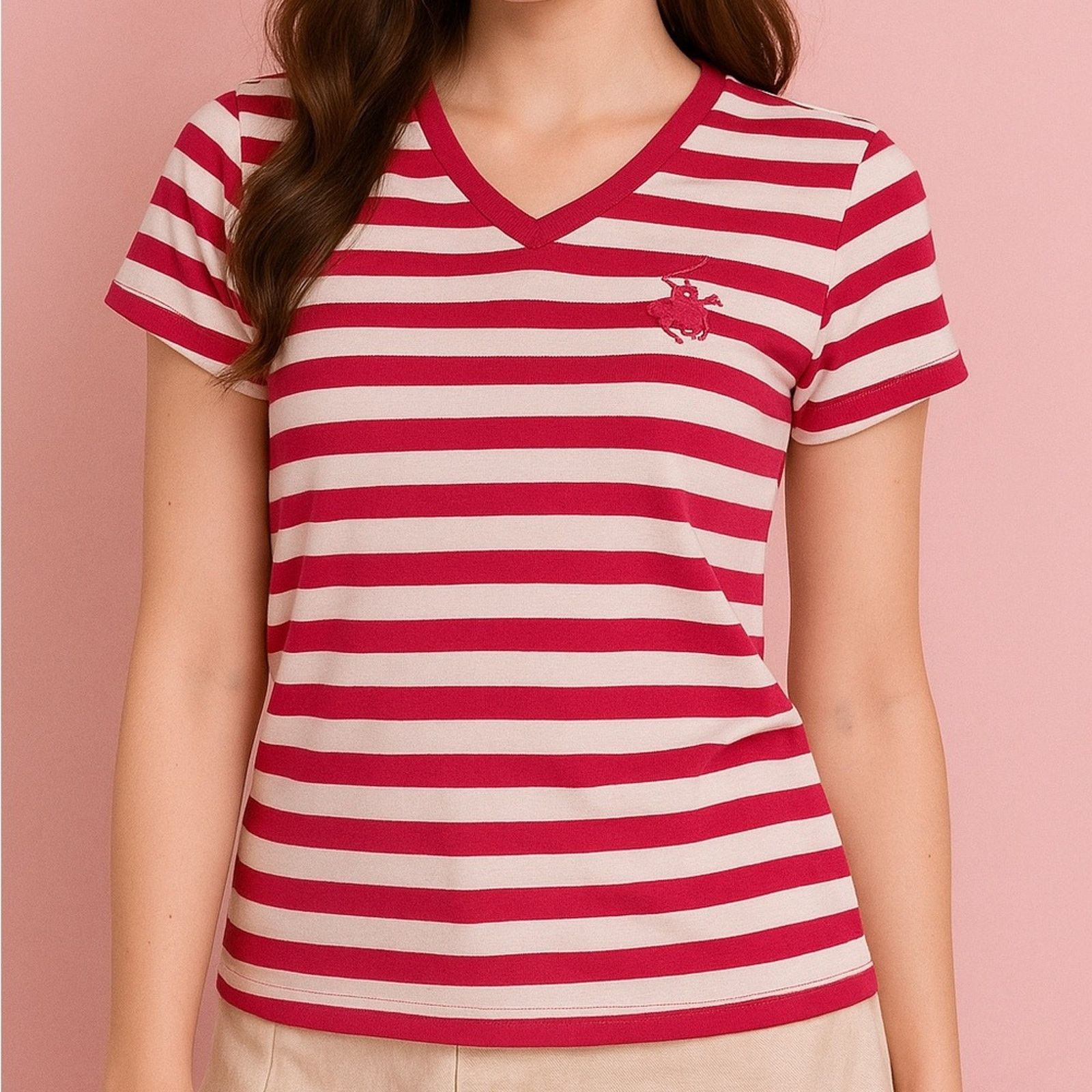 Beverly Hills Polo Club Beverly Hills Polo Club Striped V-Neck Tee – Size L Size L / US 10 / IT 46 - 1 Thumbnail