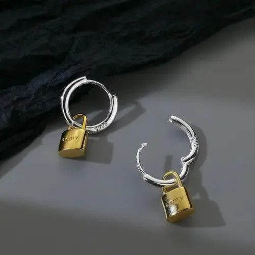 Jewelry × Sterling Silver Titanium Steel Gold Lock Dangle Drop Earrings for Men Women Size ONE SIZE - 1 Thumbnail