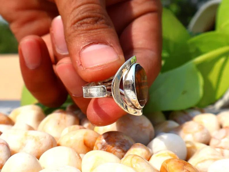 Handmade Tiger's Eye Ring, 925 Silver Ring, Handmade Oval Gemstone, Size ONE SIZE - 4 Thumbnail