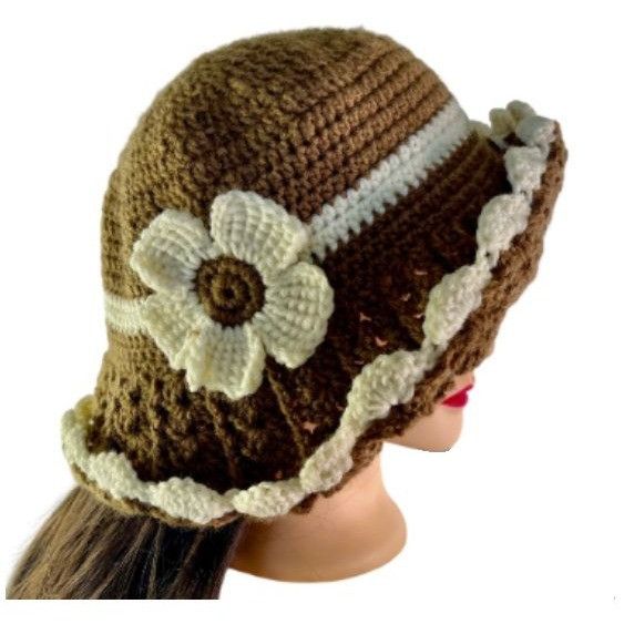Handmade Crochet Bucket Hat Retro Cloche Style Brown and Cream Handma Size ONE SIZE - 2 Thumbnail