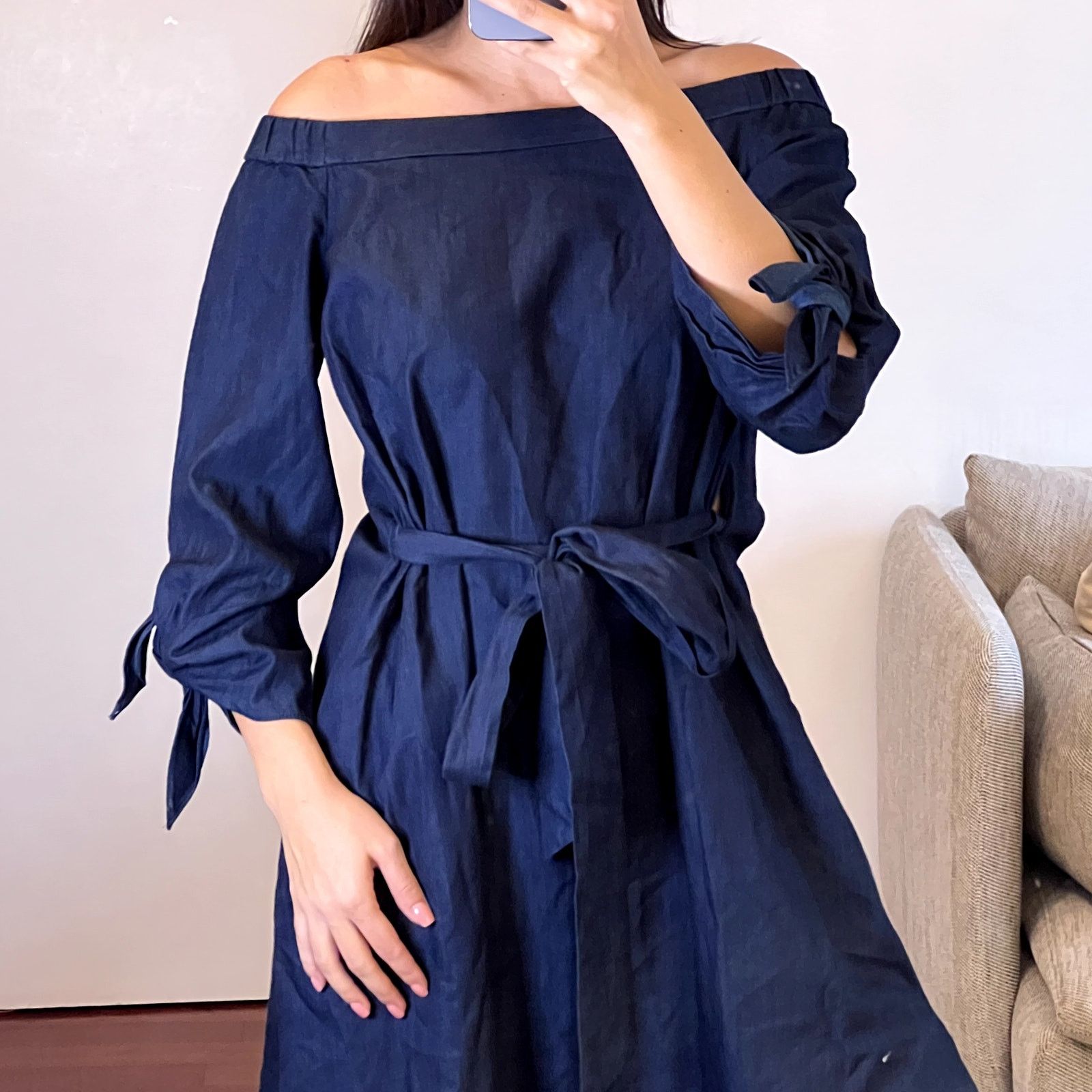 Tibi Tibi Midi Off Shoulder Dress with Belt Blue size 4 Size S / US 4 / IT 40 - 3 Thumbnail