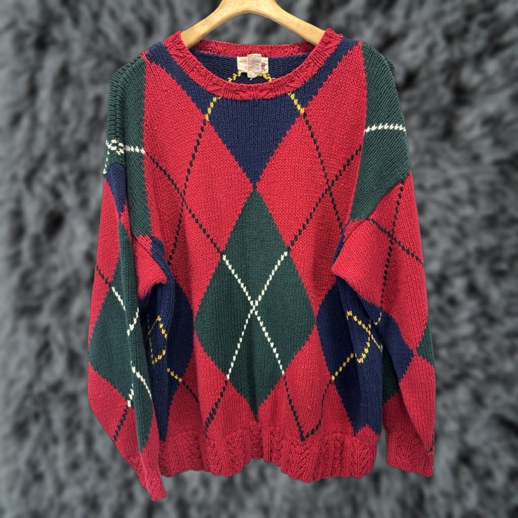 Vintage VINTAGE The Fox Collection Argyle Sweater XL Mens Red Preppy Heavyweight Grandpa Crew Neck Pullover Knit Chunky-Cotton Blend Size US XL / EU 56 / 4 - 1 Thumbnail