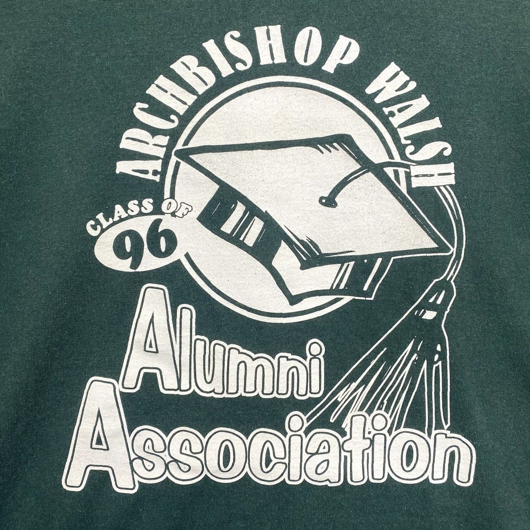 Fruit Of The Loom VINTAGE Fruit of the Loom T-Shirt Class of 1996 Forest Green Unisex Adults L Short Sleeve Crew Neck Green Stitch USA 1996 Alumni Archbishop Walsh Size US L / EU 52-54 / 3 - 2 Thumbnail