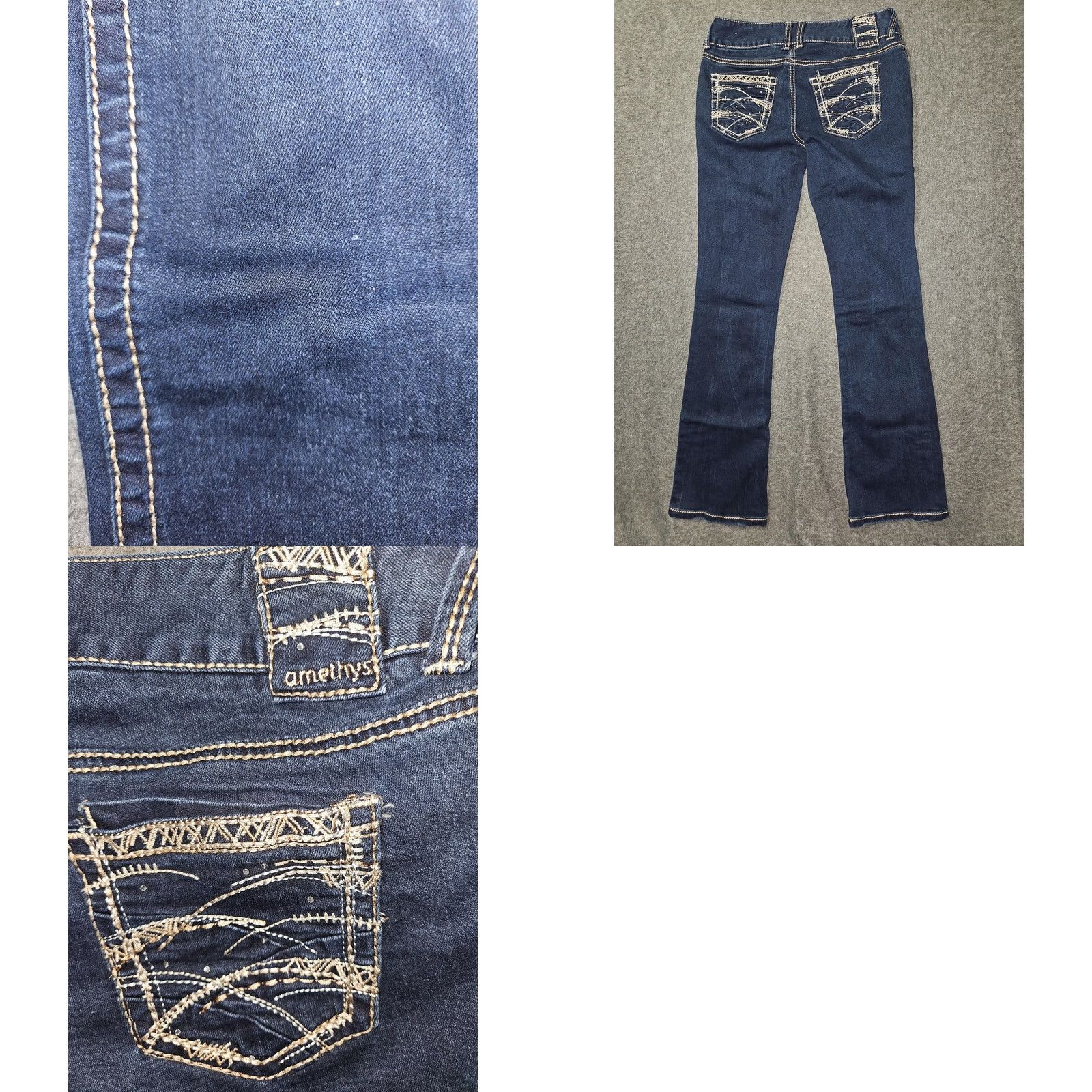 Vintage Amethyst Jeans Juniors 7 Dark Wash Low Rise Bootcut Stretch Rhinestone Pockets Jeans Women's/Teens Size 28" / US 6 / IT 42 - 8 Thumbnail