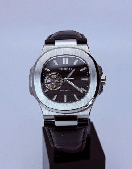 Japanese Brand Seiko Mod Nautilus Black Open Dial Steel Watch Leather 41mm Size ONE SIZE - 1 Thumbnail