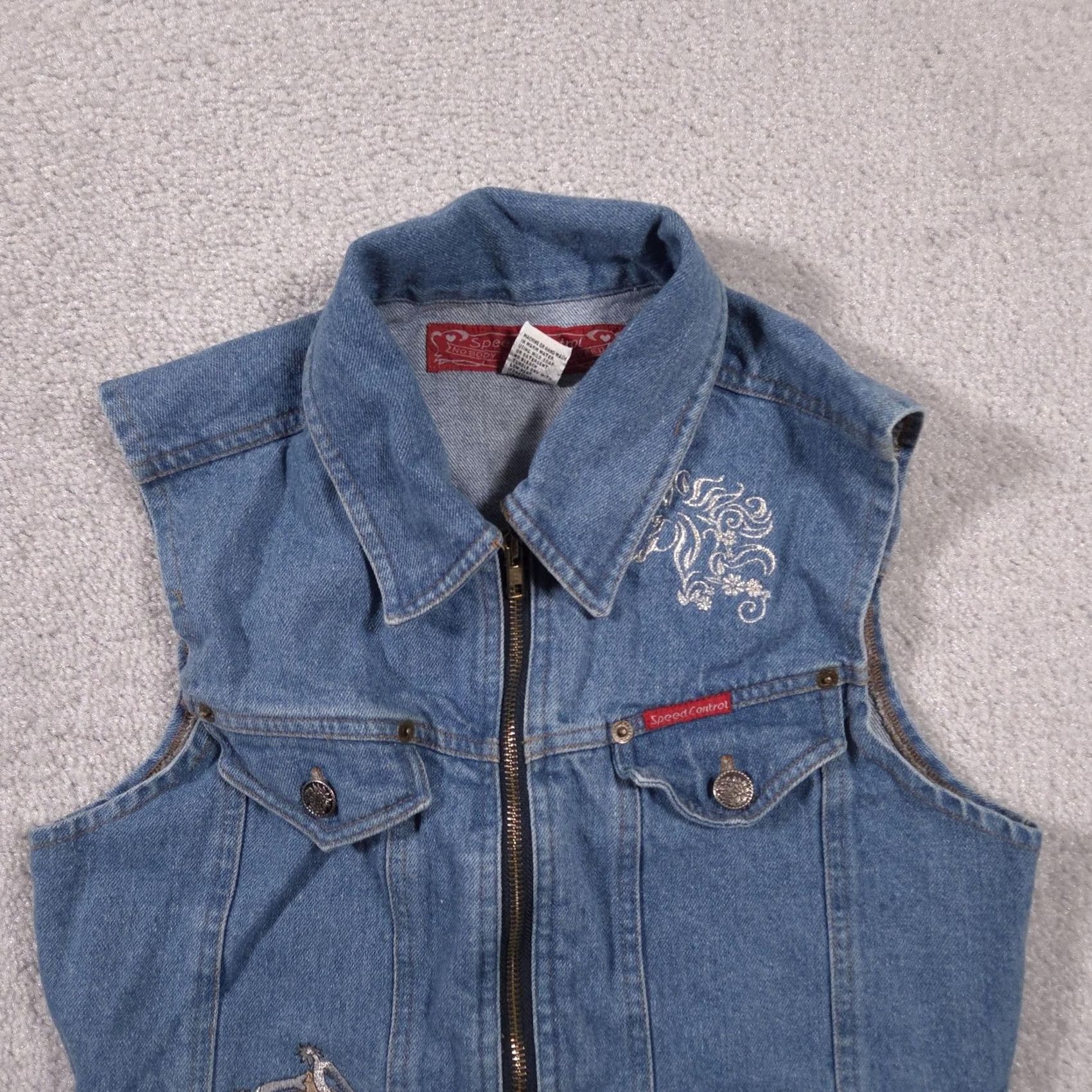 Speedo VINTAGE Speed Control Vest Girls Small Blue Denim Zip Front Embroidered Horse Western Size S / US 4 / IT 40 - 3 Thumbnail