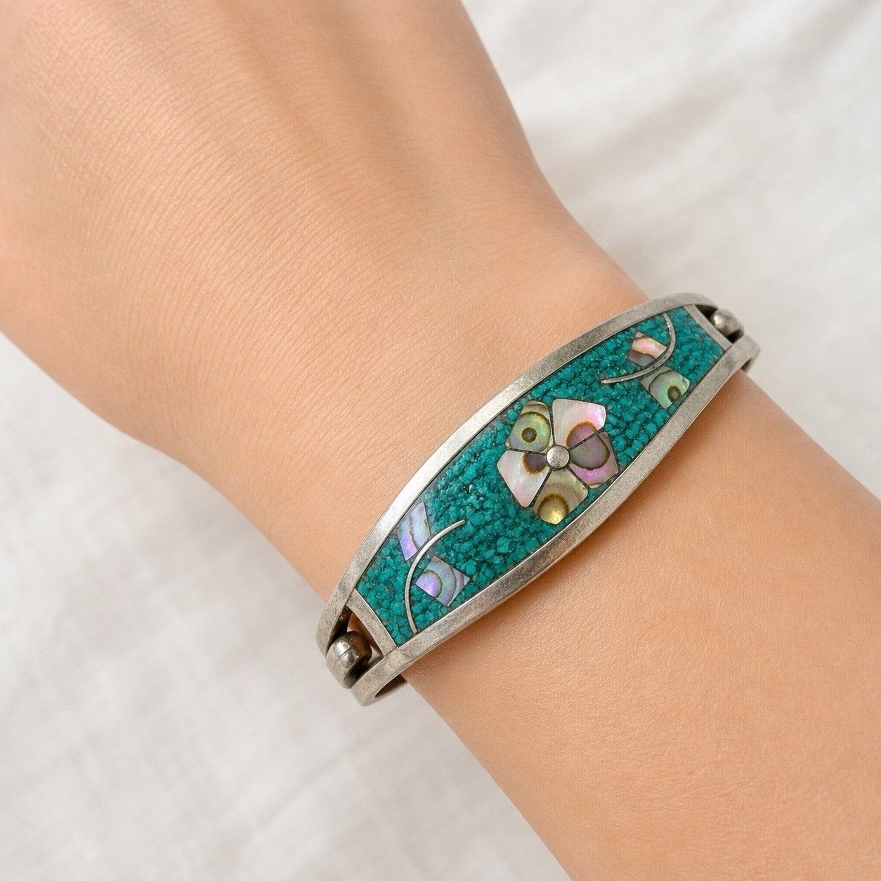 Other Taxco Mexico Sterling Silver Hinged Bangle Abalone Turquoise Size ONE SIZE - 7 Thumbnail