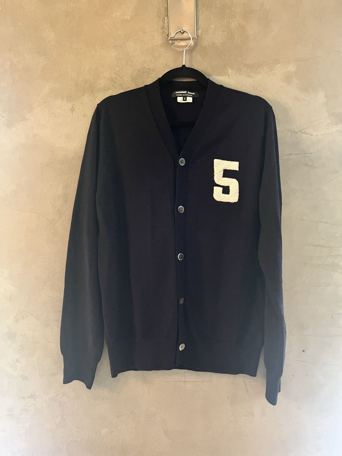 image of Comme Des Garcons x Comme Des Garcons Homme Deux Navy Cardigan Knit "5" On Chest (Size Medium)