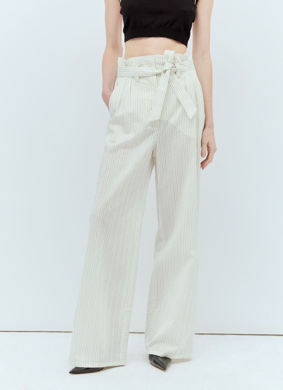 image of Max Mara Pinstriped Canvas Pants in White, Women's (Size 27)