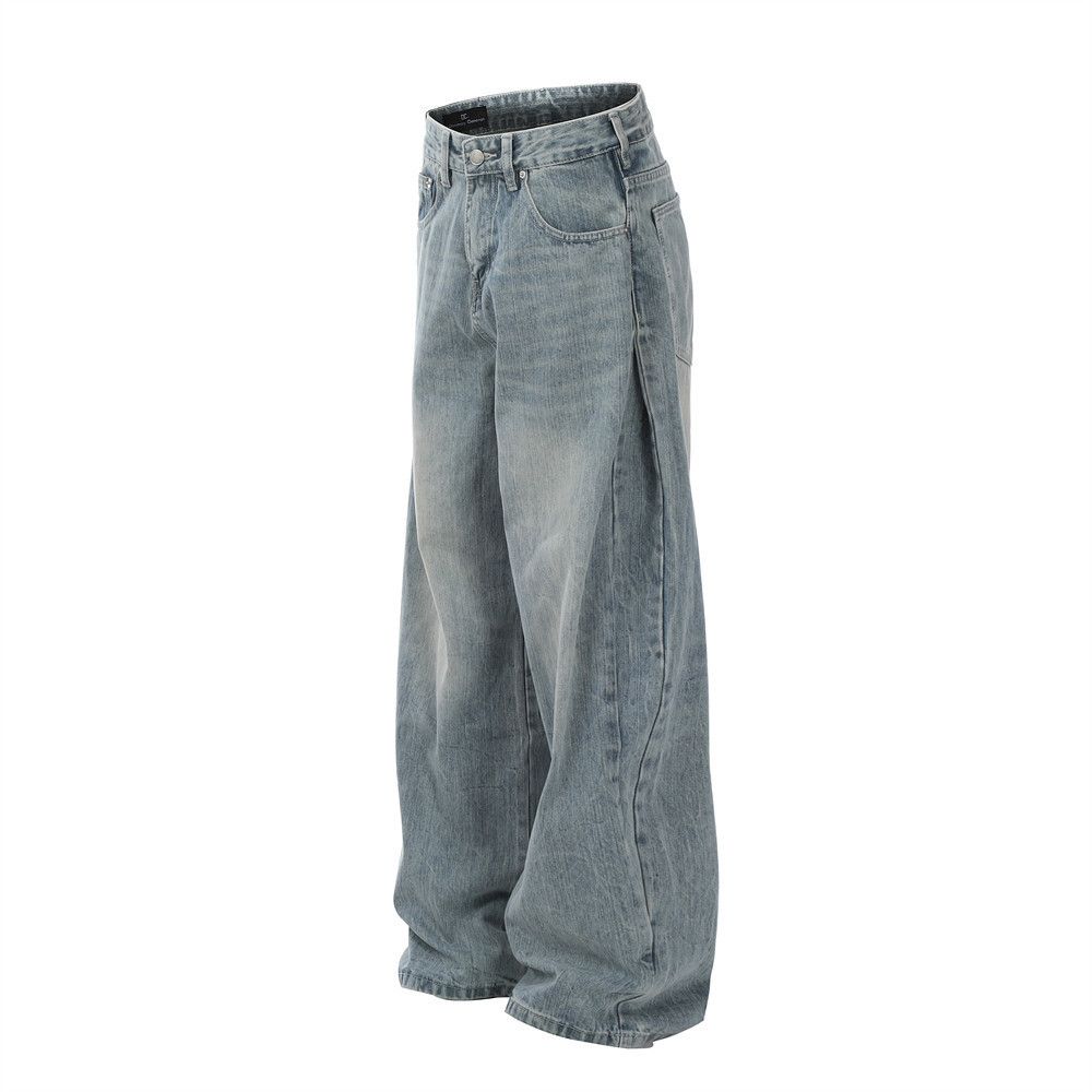 Japanese Brand Men's washed distressed casual side pleated wide-leg jeans Size US 34 / EU 50 - 2 Thumbnail