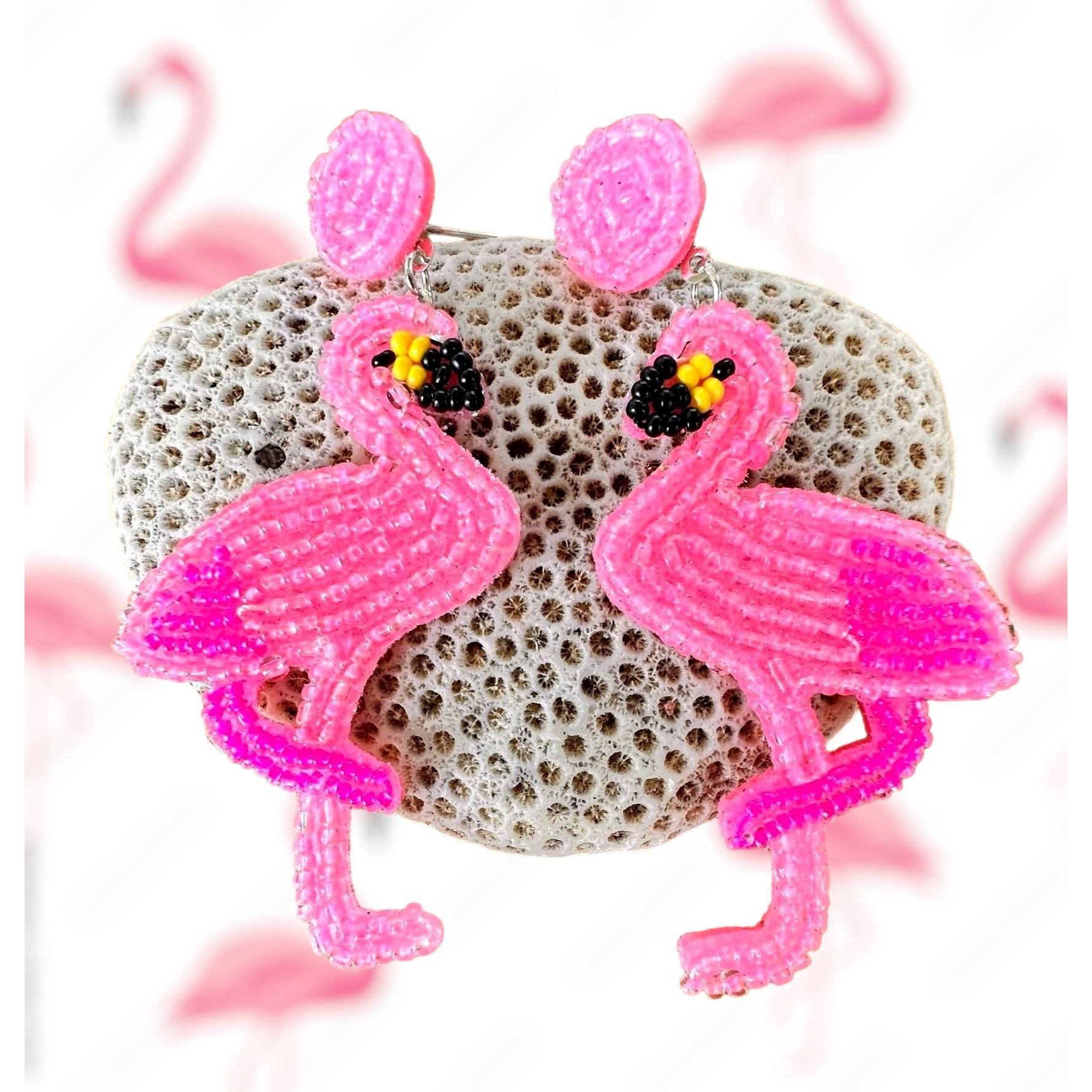 Handmade Flamingo Earrings Beaded Dangle Posts Pink Statement Jewelry Size ONE SIZE - 4 Thumbnail