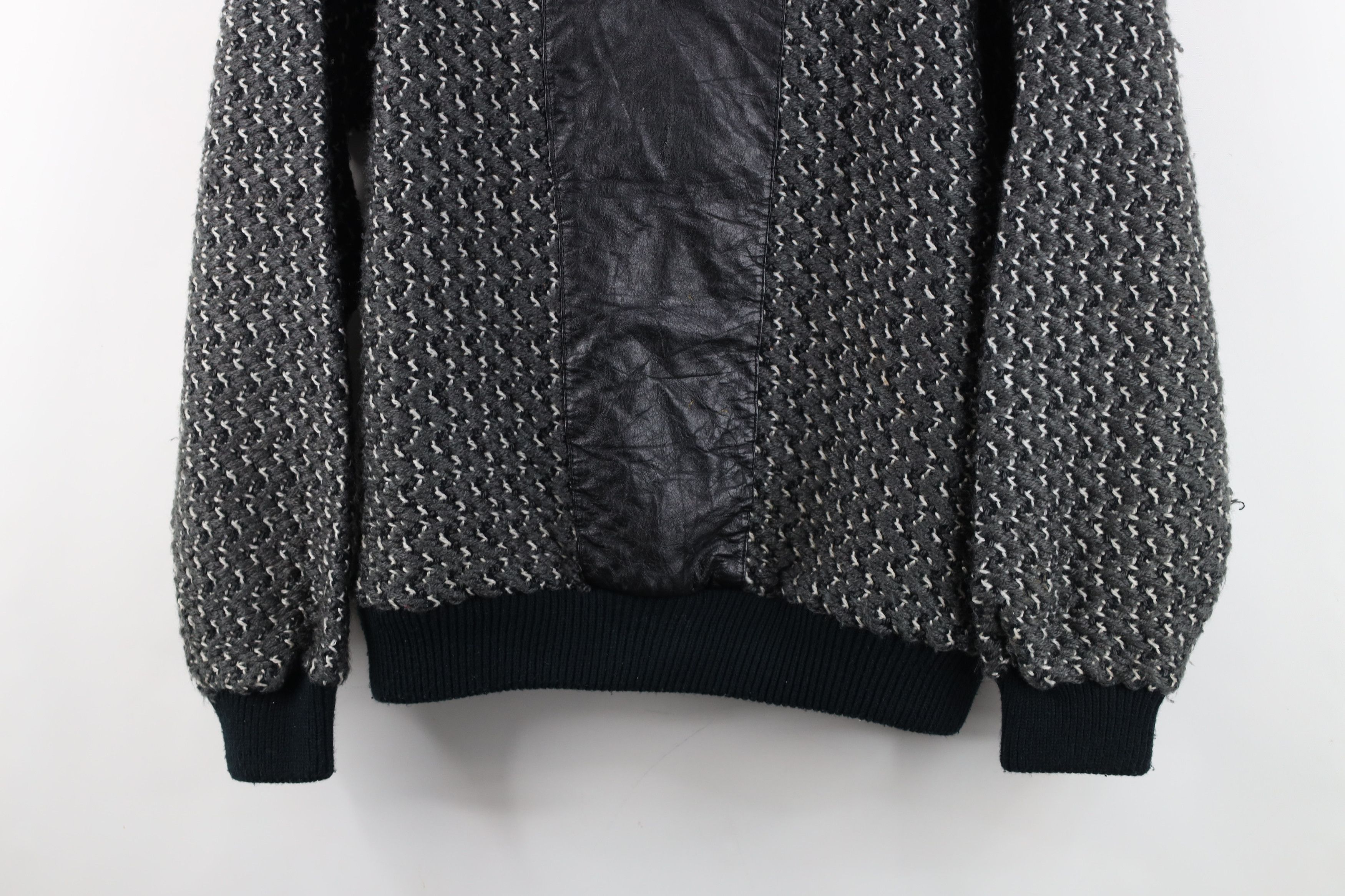 Vintage Vintage 90s Streetwear Knit Leather Trim Shawl Sweater Gray Size US M / EU 48-50 / 2 - 3 Thumbnail