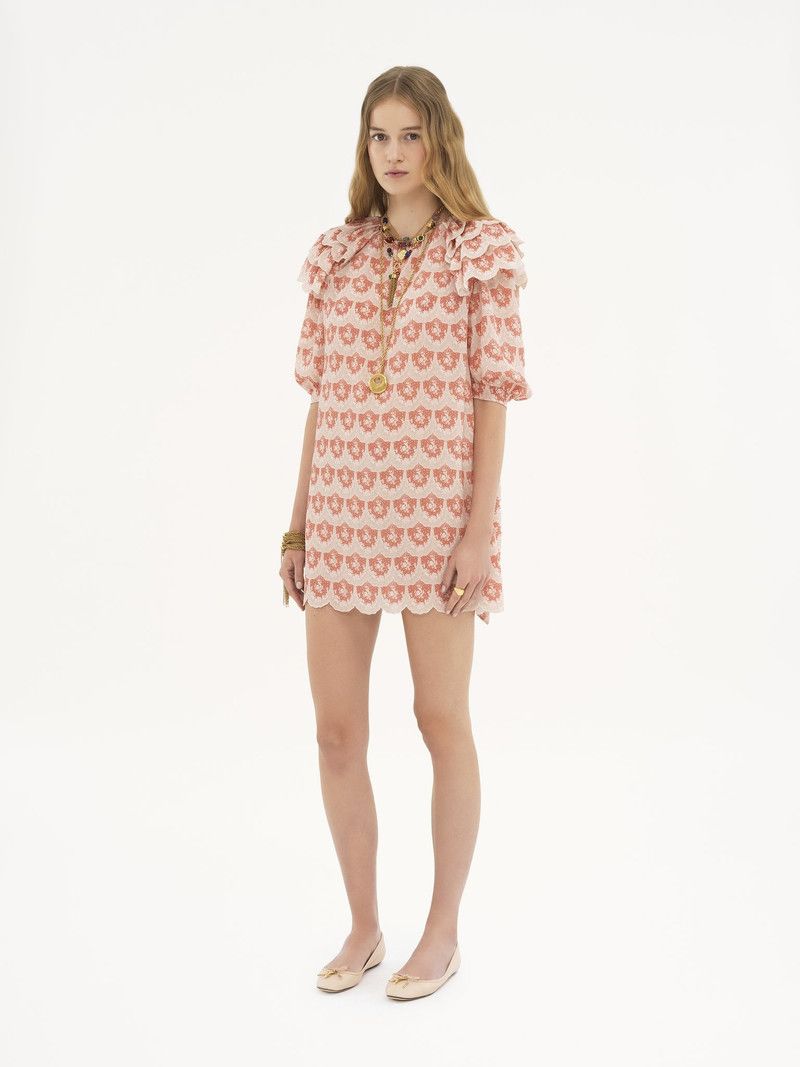 Chloe o1loc1c11125 Puff-sleeve Mini Dress in Beige/Pink Size S / US 4 / IT 40 - 2 Thumbnail