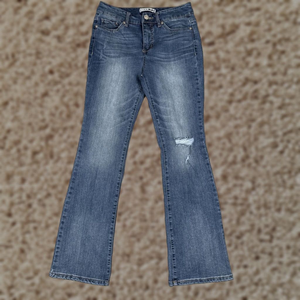 Vintage Code Bleu Jeans Womens Bootcut 6 Blue Medium Wash Mid Rise Stretch 27x31 Denim 5-Pocket Distressed Twin Button Zip Vintage No N/A Size 28" / US 6 / IT 42 - 1 Thumbnail