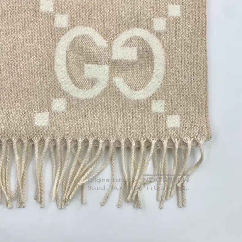 Gucci Gucci Oatmeal logo jacquard full print cashmere tassel sca Size ONE SIZE - 3 Thumbnail