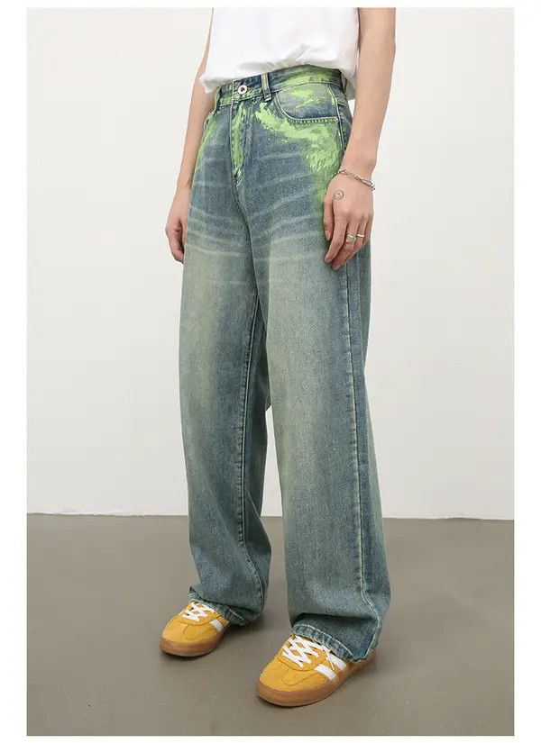 Japanese Brand Men's ink-splashed loose straight-leg wide-leg jeans Size US 32 / EU 48 - 3 Thumbnail