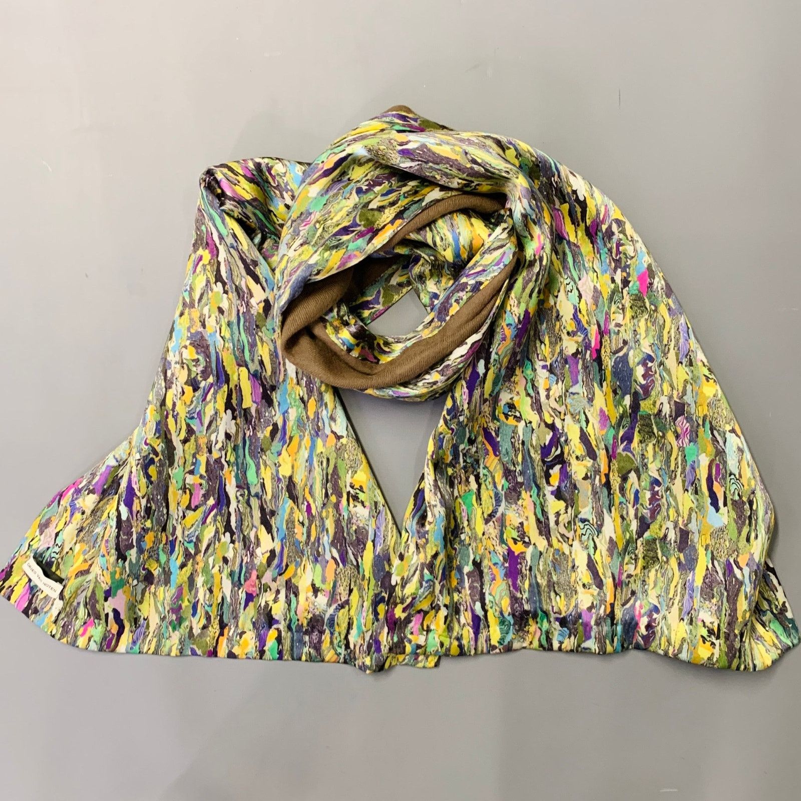Dries Van Noten Green Beige Multi Color Beaded Silk Wool Scarf 