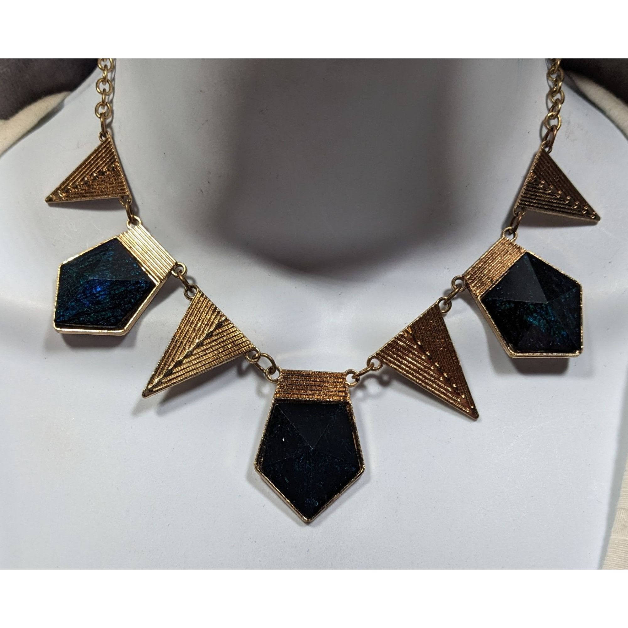 Other Modern Geometric Gold And Dark Blue Statement Necklace Size ONE SIZE - 1 Thumbnail