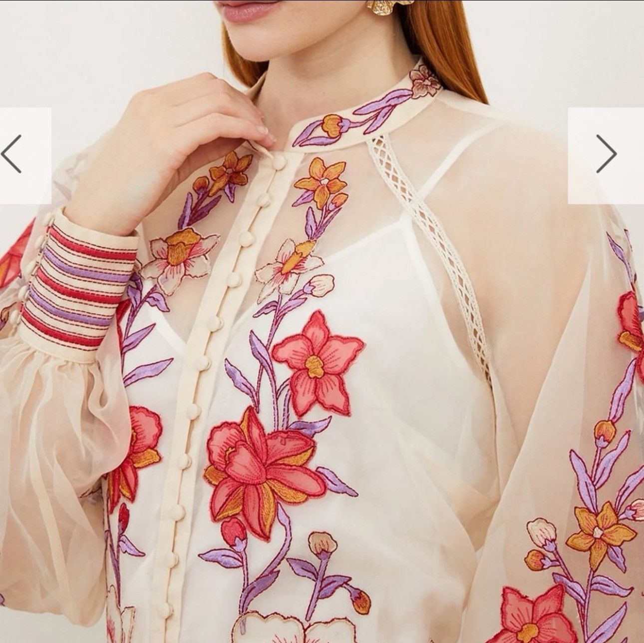 Karen Millen Floral Placed Embroidery Organdie Woven Blouse Size M / US 6-8 / IT 42-44 - 2 Thumbnail