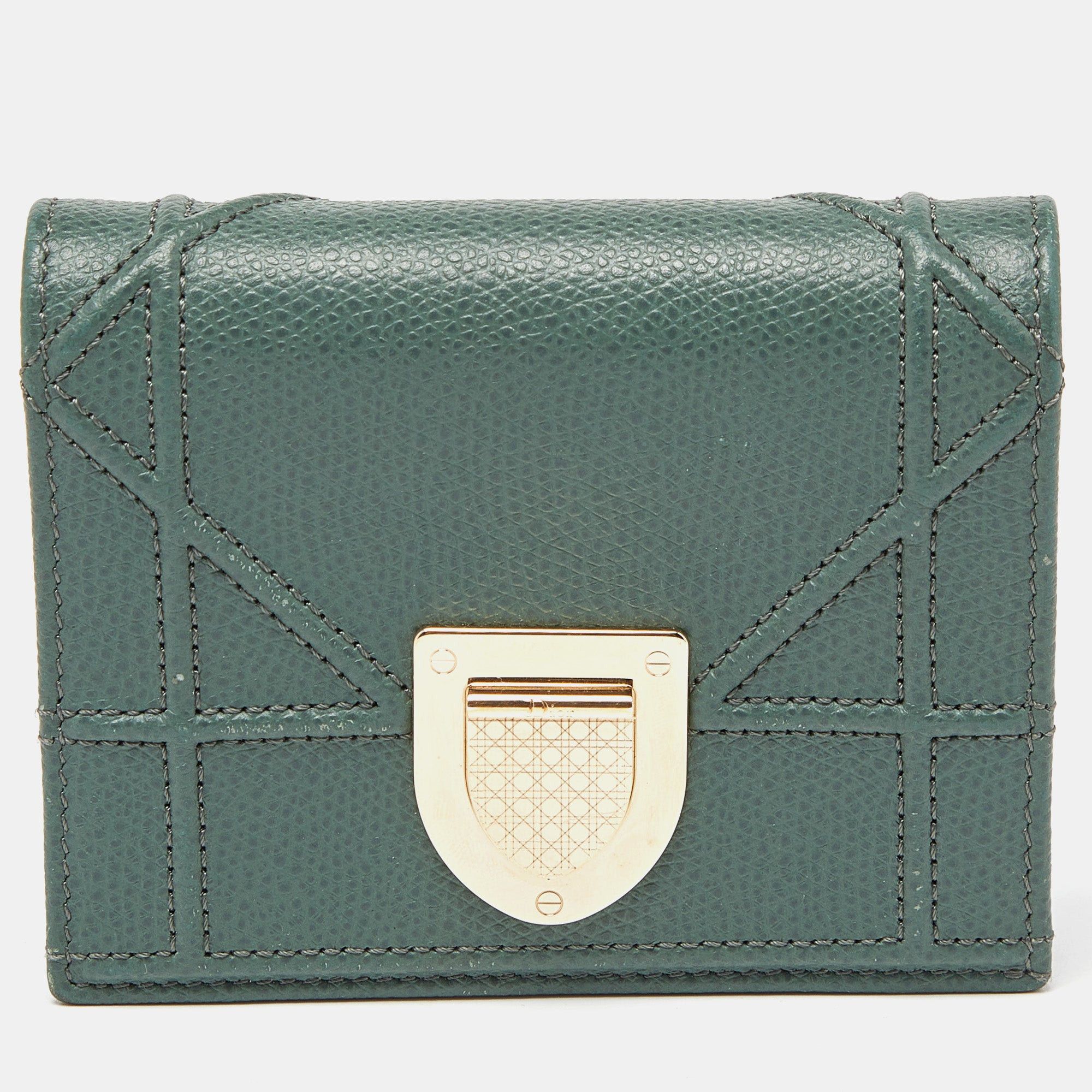 image of Dior Green Leather Ama Trifold Wallet, Women's