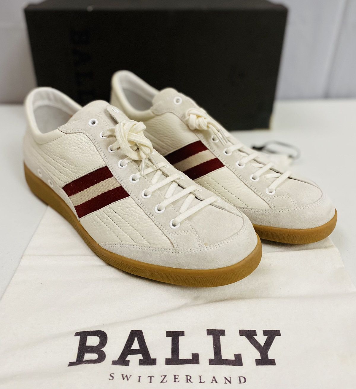 Bally Bally White/Cement Leather/Suede Stripe Nate Sneaker 12 NIB Size US 12 / EU 45 - 1 Thumbnail