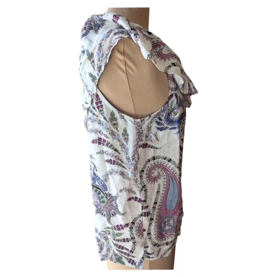 Loft LOFT One Shoulder Linen Blend Paisley Blouse White Blue Pink Womens S Ruffle Sleeveless Casual Bohemian Women’s Shirt Size S / US 4 / IT 40 - 3 Thumbnail