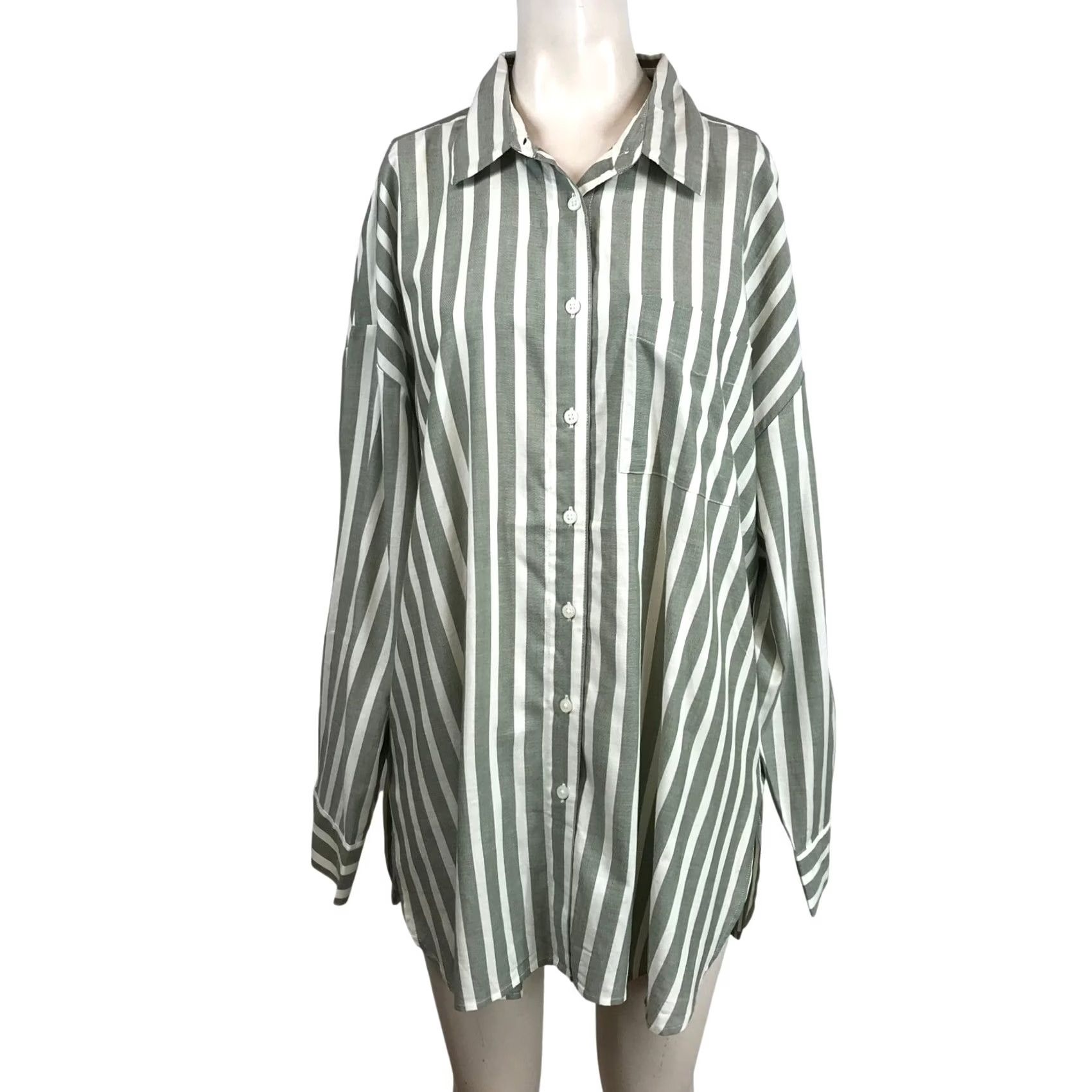 Torrid Torrid Olive Green White Striped Cotton Rayon Drop Shoulder Shirt L 0 12 Size L / US 10 / IT 46 - 2 Thumbnail