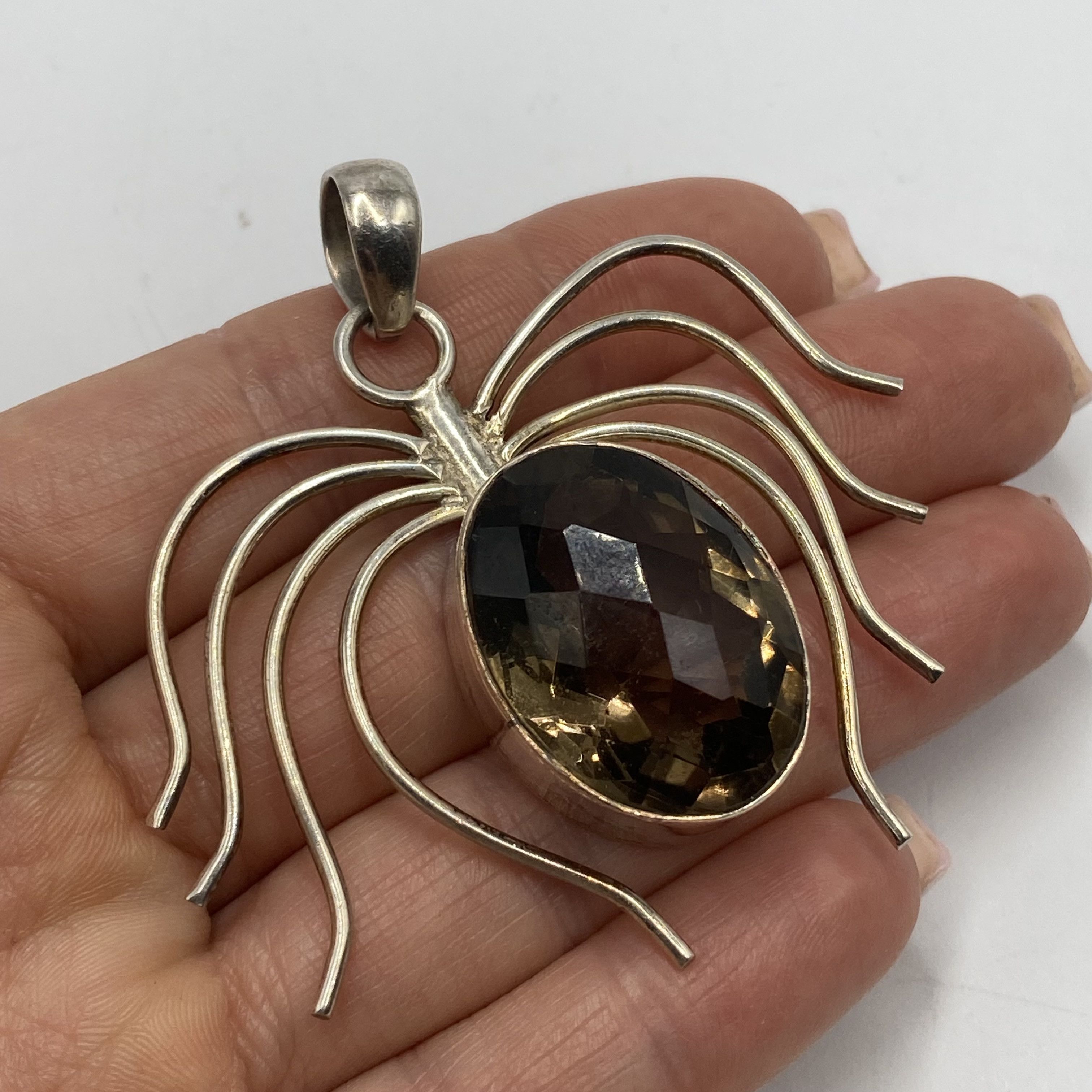 Vintage Sterling Silver 925 Spider Pendant Smoky Quartz 20.5