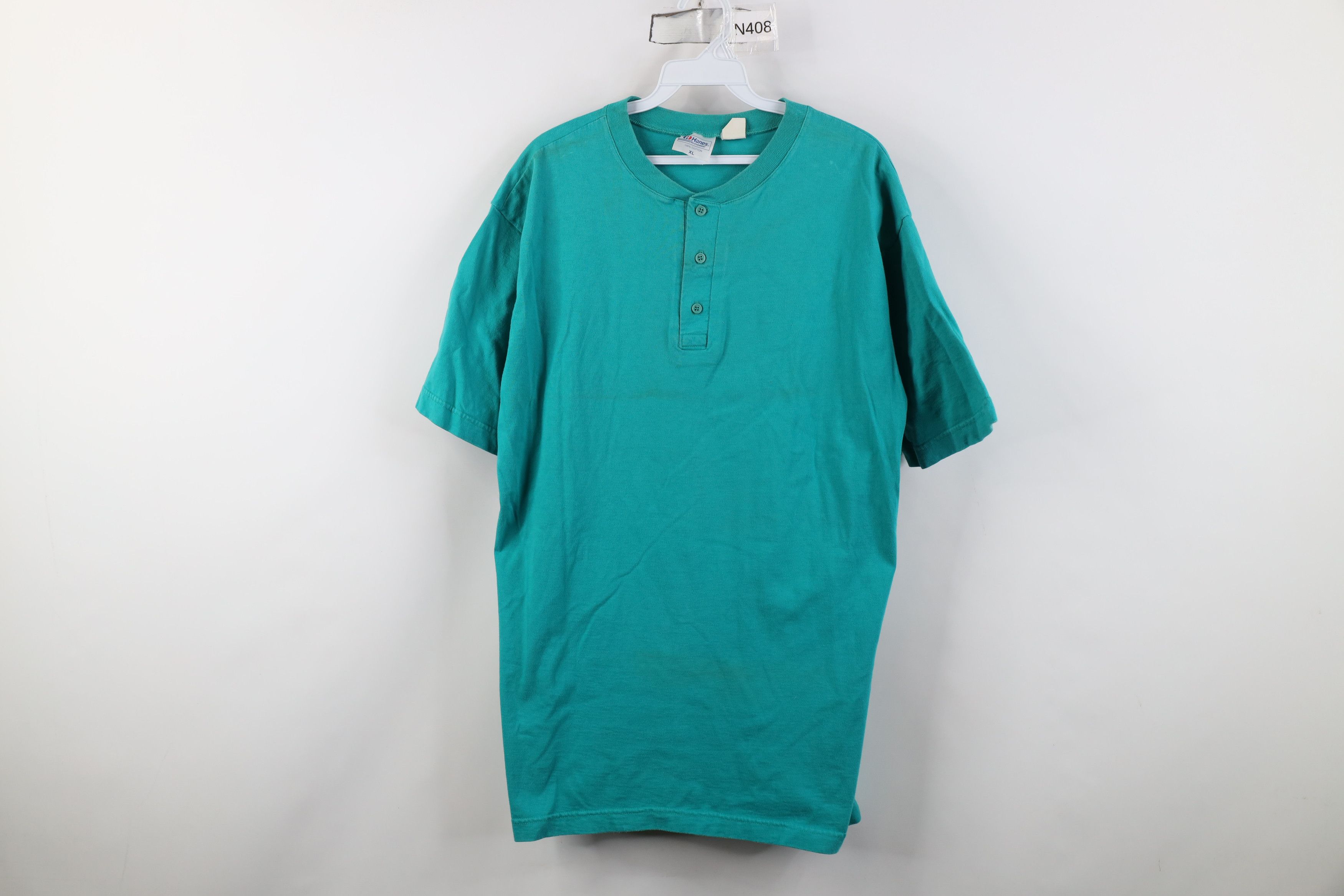 Hanes Vintage 90s Hanes Heavyweight Cotton Henley T-Shirt Teal Size US XL / EU 56 / 4 - 1 Thumbnail
