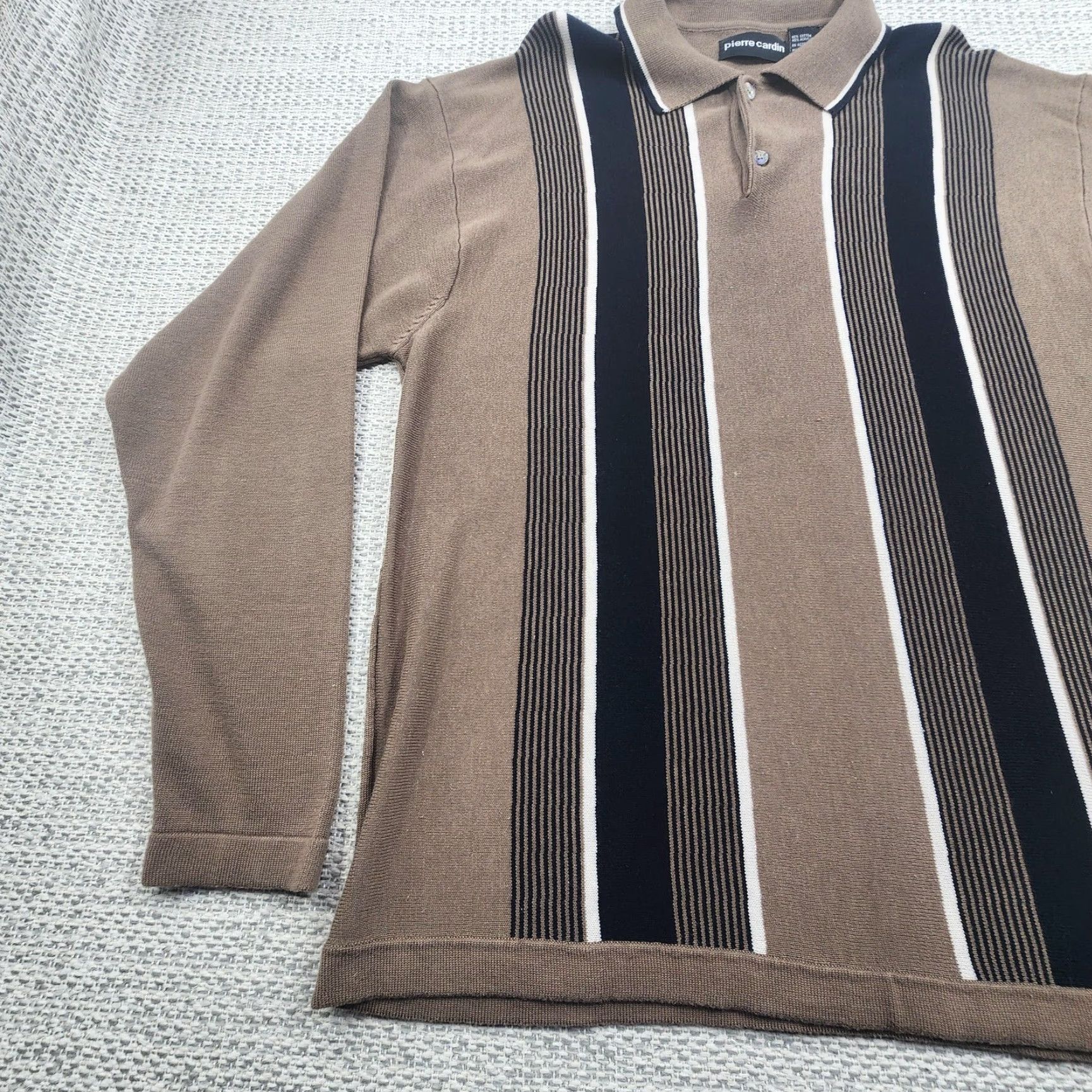 Pierre Cardin Piere Cardin Polo Shirt Mens XL Brown Black Vertical Stripe Knit Long Sleeve Polo Collar Lightweight Breathable Casual Size US XL / EU 56 / 4 - 3 Thumbnail